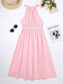 SHEIN LUNE Plus Solid Halter Neck A-line Dress - Baby Pink - View 2