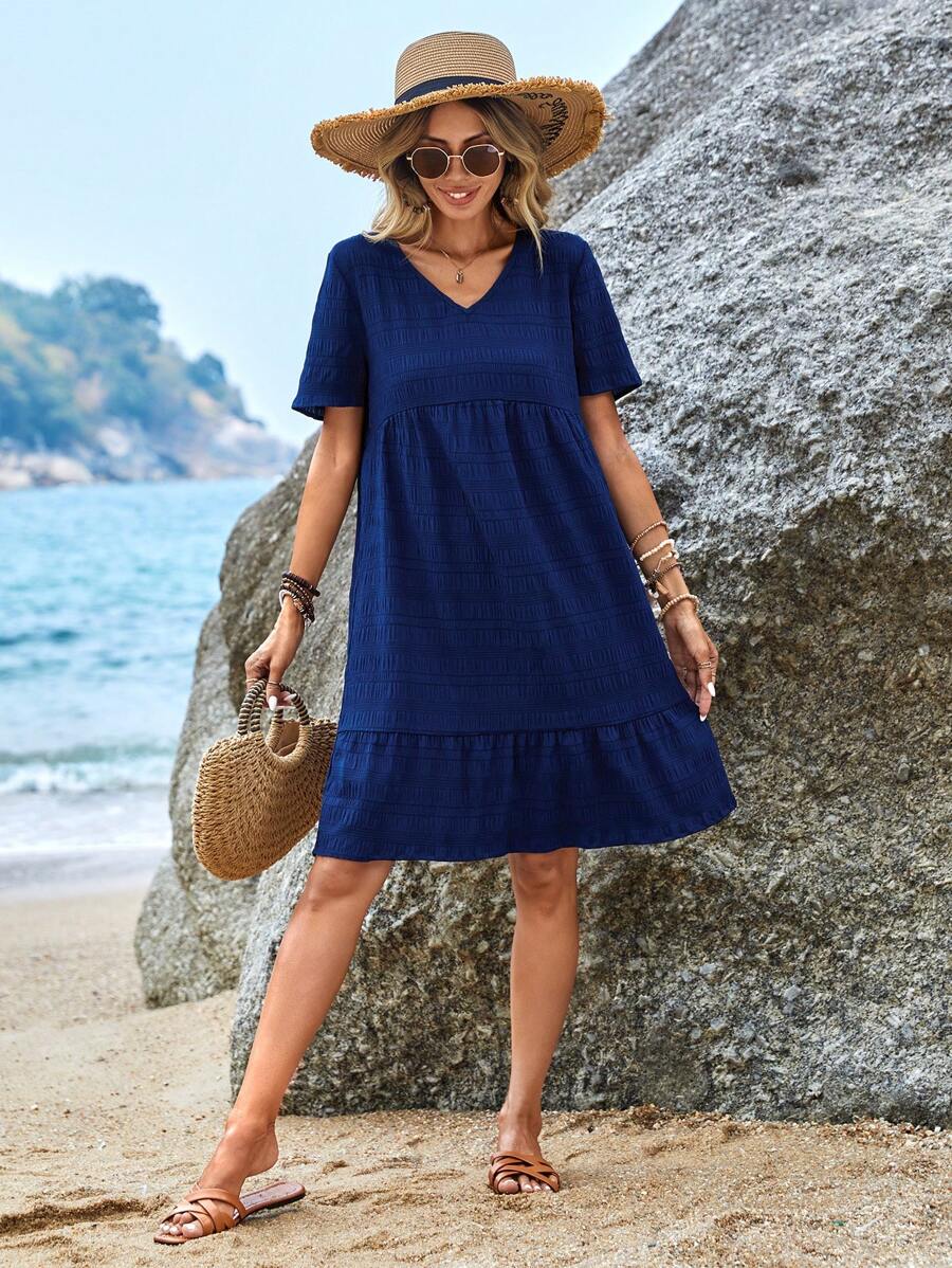 EMERY ROSE 女士纯色 V 领短袖荷叶边简约短裙 - 藏蓝色 - 查看 1