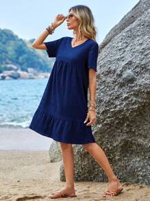 EMERY ROSE 女士纯色 V 领短袖荷叶边简约短裙 - 藏蓝色 - 查看 4
