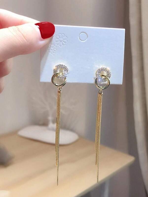 1pair Glamorous Rhinestone & Chain Tassel Decor Drop Earrings For Women