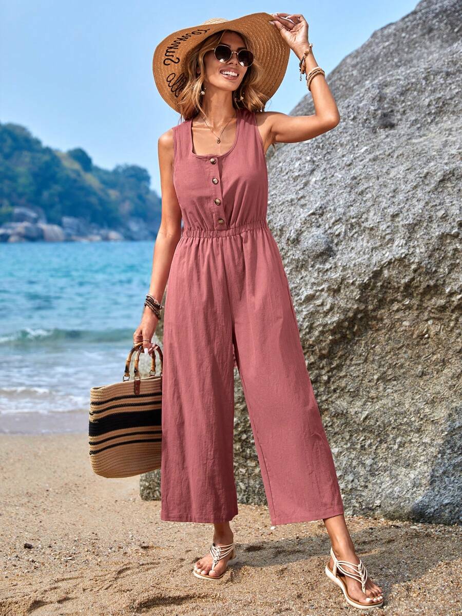 EMERY ROSE 素色前紐扣闊腿連體褲 - 藕粉色 - 查看 1