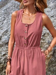 EMERY ROSE 素色前紐扣闊腿連體褲 - 藕粉色 - 查看 4