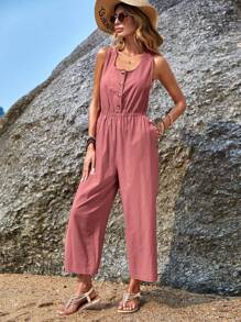 EMERY ROSE 素色前紐扣闊腿連體褲 - 藕粉色 - 查看 5