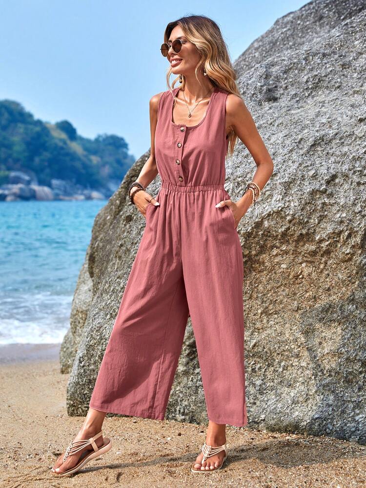 EMERY ROSE 素色前紐扣闊腿連體褲 - 藕粉色 - 查看 6