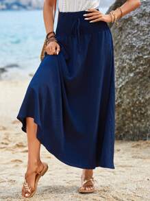 EMERY ROSE Falda unicolor con fruncido de cintura con nudo - Azul Marino - Ver 2