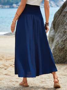 EMERY ROSE Falda unicolor con fruncido de cintura con nudo - Azul Marino - Ver 4