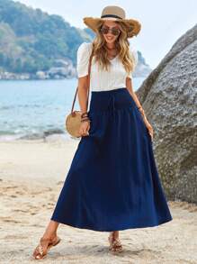 EMERY ROSE Falda unicolor con fruncido de cintura con nudo - Azul Marino - Ver 5