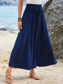 EMERY ROSE Falda unicolor con fruncido de cintura con nudo - Azul Marino - Ver 1