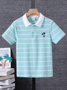 SHEIN 男孩條紋圖案和棕櫚樹印花POLO衫 - 綠色 - 查看 1