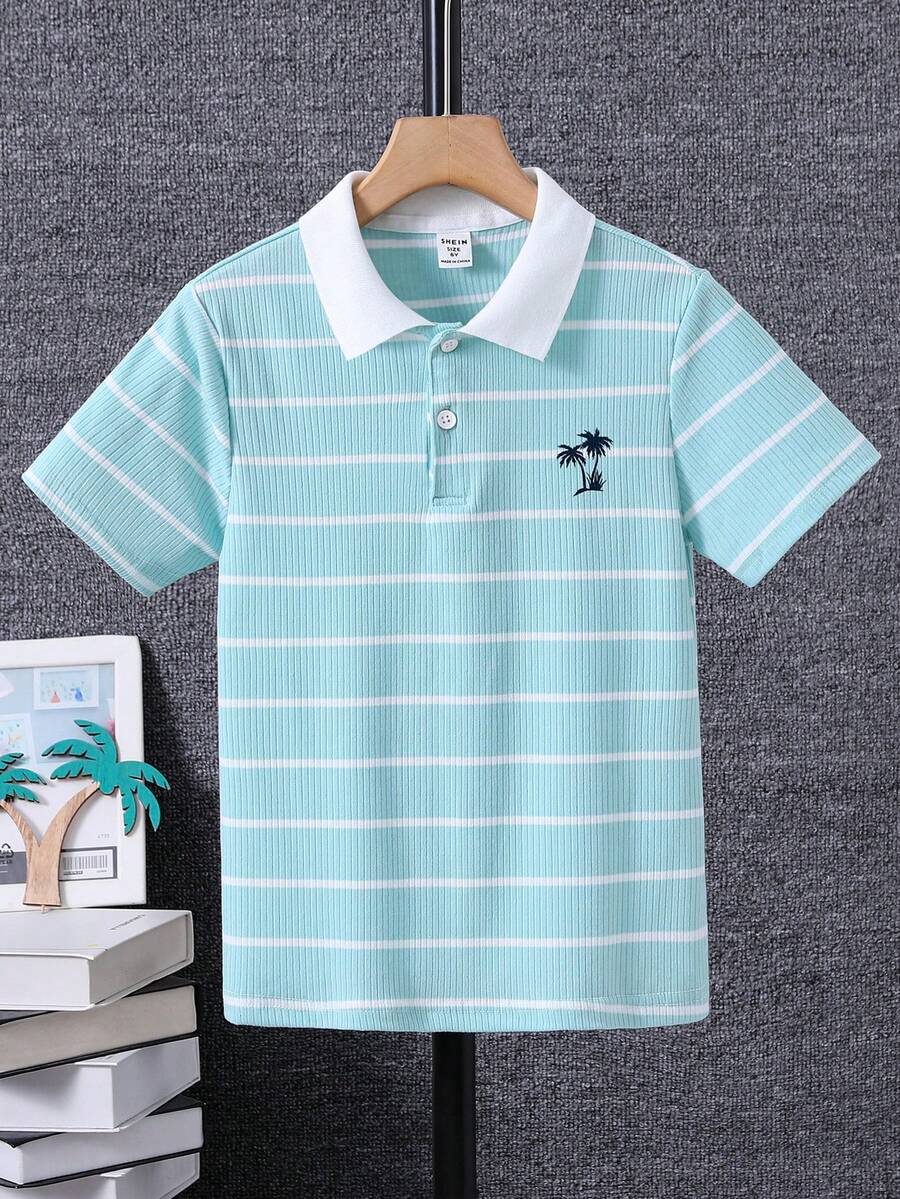 SHEIN 男孩條紋圖案和棕櫚樹印花POLO衫 - 綠色 - 查看 1