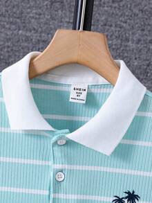 SHEIN 男孩條紋圖案和棕櫚樹印花POLO衫 - 綠色 - 查看 5