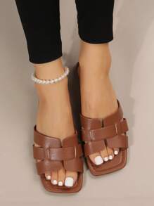 女性蜥蜴壓花平底優雅棕色的涼拖適合夏天 - 棕色 - 查看 2