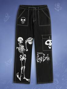 Corpse Bride | ROMWE Jeans estampado de cráneo con puntada en contraste - Negro - Ver 3