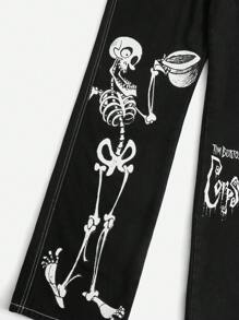 Corpse Bride | ROMWE Jeans estampado de cráneo con puntada en contraste - Negro - Ver 4