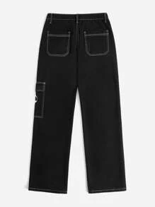 Corpse Bride | ROMWE Jeans estampado de cráneo con puntada en contraste - Negro - Ver 5
