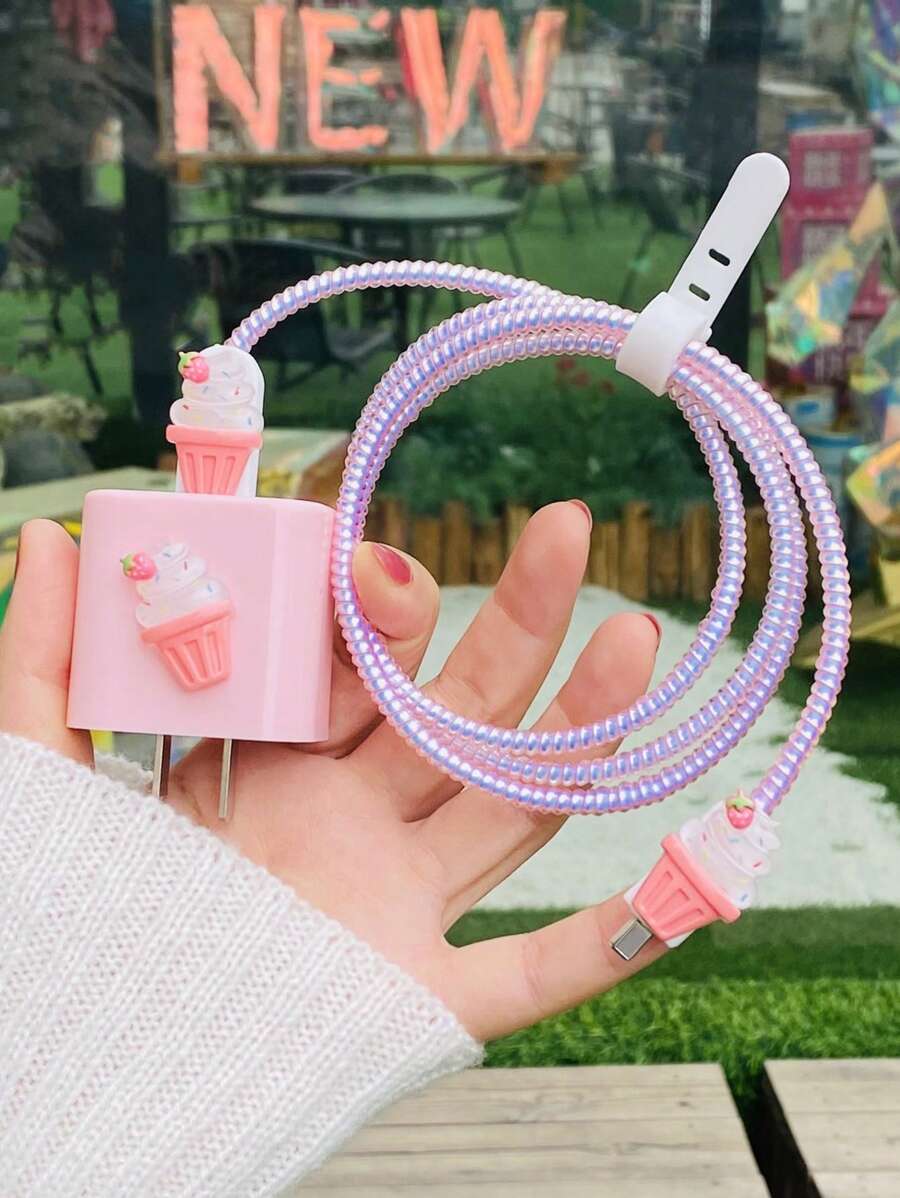 5 cái Ice-cream Decor Data Cable Protector & Charger Head Cover Set Tương thích với iPhone - Hồng - Xem 1