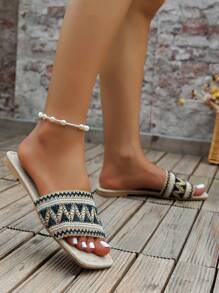 女士隨機鋸齒紋壓花編織帶平底度假織物涼拖適合夏天 - 藏蓝色 - 查看 4