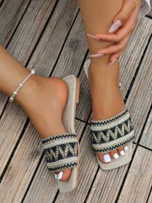 女士隨機鋸齒紋壓花編織帶平底度假織物涼拖適合夏天 - 藏蓝色 - 查看 5