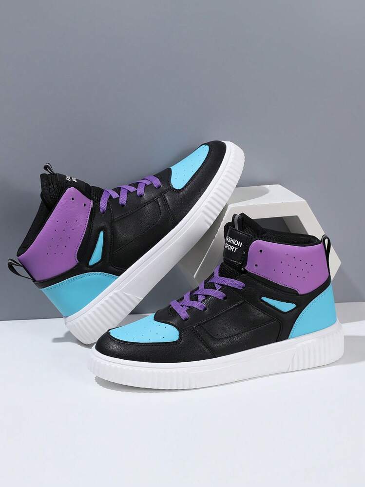 Men Lace Up Color Block High Top Skate Shoes, Sporty Outdoor Sneakers - Multicolor - View 2