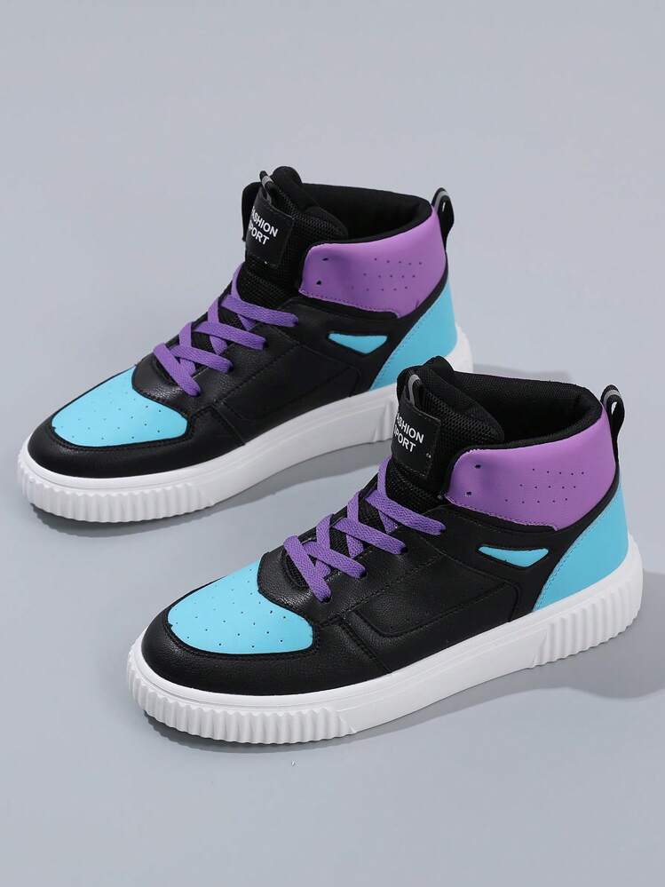 Men Lace Up Color Block High Top Skate Shoes, Sporty Outdoor Sneakers - Multicolor - View 3