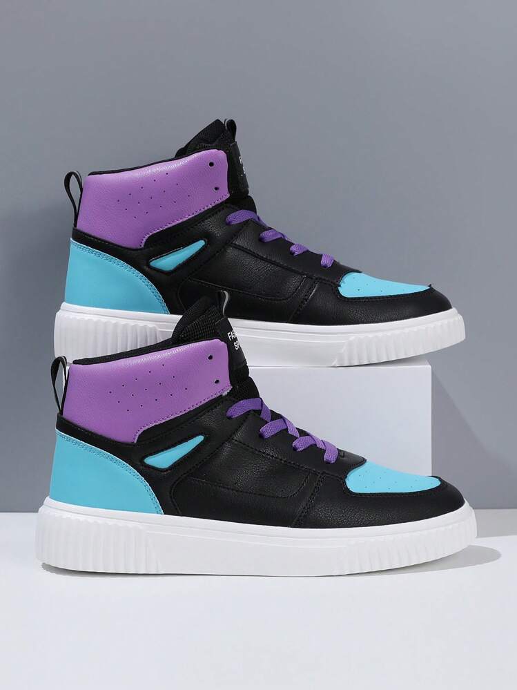 Men Lace Up Color Block High Top Skate Shoes, Sporty Outdoor Sneakers - Multicolor - View 5