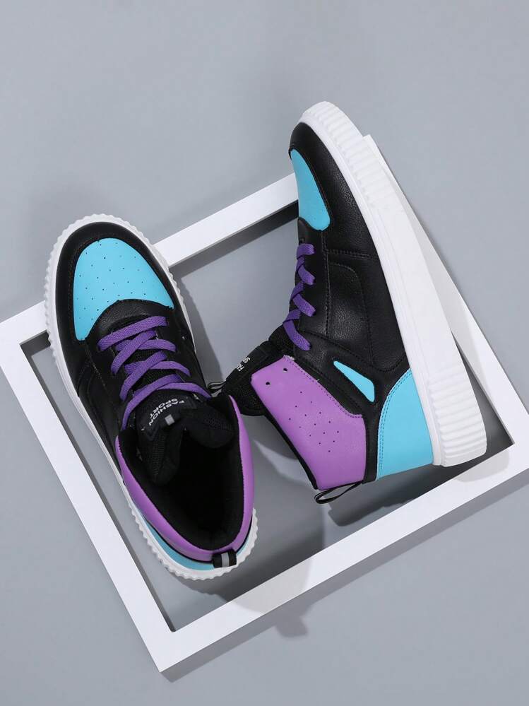 Men Lace Up Color Block High Top Skate Shoes, Sporty Outdoor Sneakers - Multicolor - View 6