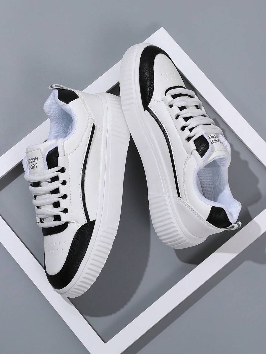 男士繫帶字母補丁細節雙色滑冰運動戶外運動鞋 - 黑與白 - 查看 1