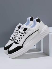 男士繫帶字母補丁細節雙色滑冰運動戶外運動鞋 - 黑與白 - 查看 4