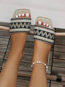 女士隨機鋸齒紋壓花編織帶平底度假織物涼拖適合夏天 - 藏蓝色 - 查看 6