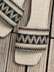 女士隨機鋸齒紋壓花編織帶平底度假織物涼拖適合夏天 - 藏蓝色 - 查看 7