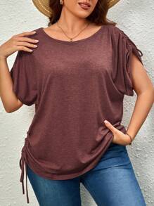 SHEIN Unity Áo thun Plus size Dây kéo Xù màu trơn Giải trí - Màu Đỏ Sâu - Xem 1