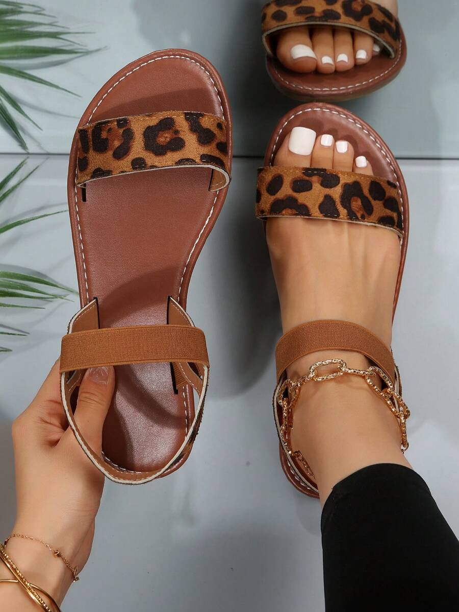 女士寬版豹紋圖案踝帶人造超細纖維皮革優雅涼鞋 - 彩色 - 查看 1