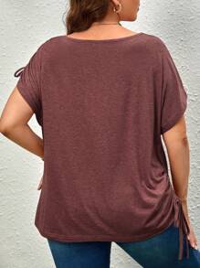 SHEIN Unity Áo thun Plus size Dây kéo Xù màu trơn Giải trí - Màu Đỏ Sâu - Xem 2