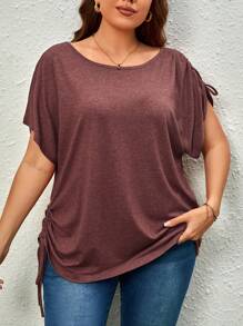 SHEIN Unity Áo thun Plus size Dây kéo Xù màu trơn Giải trí - Màu Đỏ Sâu - Xem 3