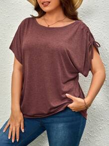 SHEIN Unity Áo thun Plus size Dây kéo Xù màu trơn Giải trí - Màu Đỏ Sâu - Xem 4