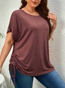 SHEIN Unity Áo thun Plus size Dây kéo Xù màu trơn Giải trí - Màu Đỏ Sâu - Xem 6