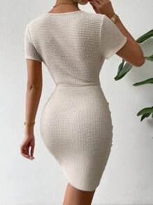 Chiquease Criss Cross Ruched Wrap Hem Waffle Knit Bodycon Dress - Apricot - View 2