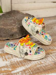 時尚坡跟涼鞋適用於女士滿版圖案前綁帶金屬和鏈條裝飾涼鞋 - 米色 - 查看 3