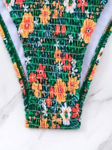 Floral Print Smocked Bandeau Bikini Set - Multicolor - View 3