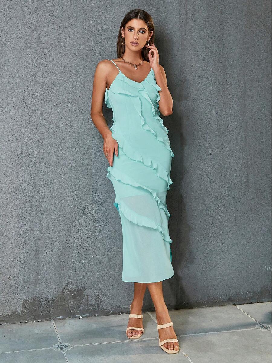 D&M Low Back Ruffle Trim Cami Dress - Mint Blue - View 1