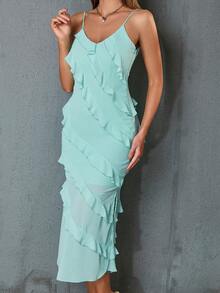 D&M Low Back Ruffle Trim Cami Dress - Mint Blue - View 4