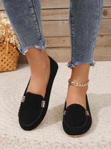 女性金屬裝飾一腳蹬優雅黑色樂福鞋適用於戶外 - 黑色 - 查看 1