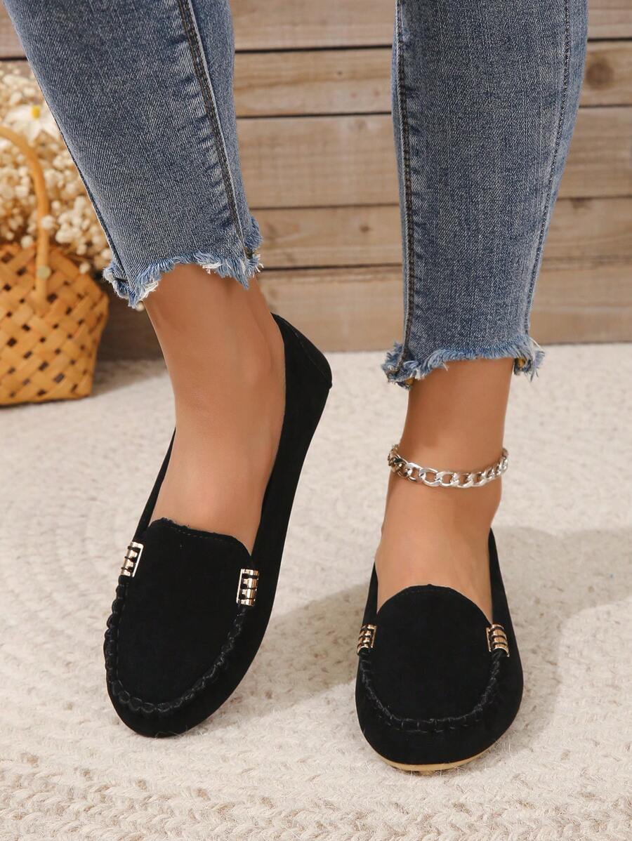 女性金屬裝飾一腳蹬優雅黑色樂福鞋適用於戶外 - 黑色 - 查看 1