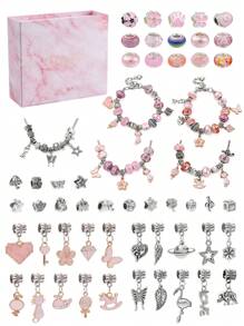 1盒DIY手鍊製作套件，包括合金和合金琺瑯和樹脂歐洲珠子合金吊珠黃銅歐式手鍊製作混色時尚心形和花朵裝飾DIY珠寶配飾套裝適合女士DIY珠寶製作 - 彩色 - 查看 1