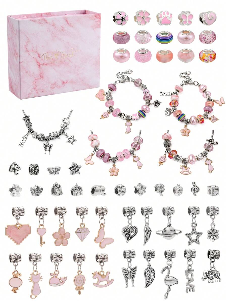 1盒DIY手鍊製作套件，包括合金和合金琺瑯和樹脂歐洲珠子合金吊珠黃銅歐式手鍊製作混色時尚心形和花朵裝飾DIY珠寶配飾套裝適合女士DIY珠寶製作 - 彩色 - 查看 1