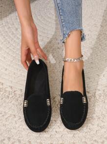 女性金屬裝飾一腳蹬優雅黑色樂福鞋適用於戶外 - 黑色 - 查看 2