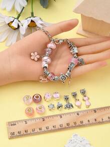 1盒DIY手鍊製作套件，包括合金和合金琺瑯和樹脂歐洲珠子合金吊珠黃銅歐式手鍊製作混色時尚心形和花朵裝飾DIY珠寶配飾套裝適合女士DIY珠寶製作 - 彩色 - 查看 2