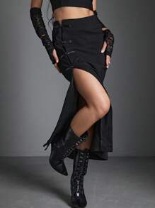 Falda de muslo dividida gótica unicolor - Negro - Ver 1