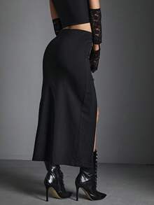Falda de muslo dividida gótica unicolor - Negro - Ver 2