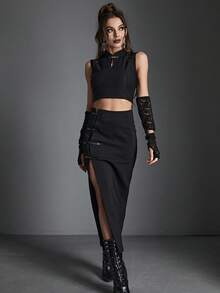 Falda de muslo dividida gótica unicolor - Negro - Ver 5